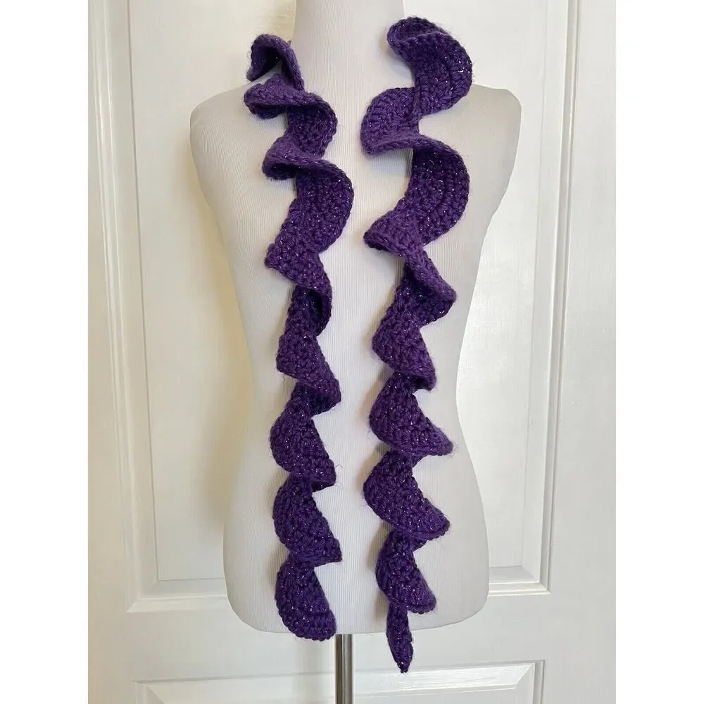 Handmade Crocheted Knit Spiral Scarf Neck Wrap Purple Shimmer Cotton Funky NEW
